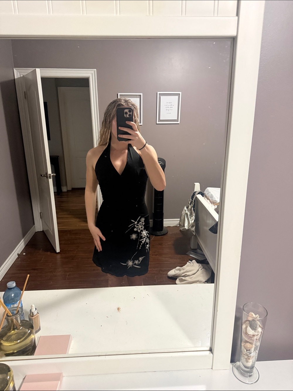 Black Halter Floral Embroidered Mini Dress